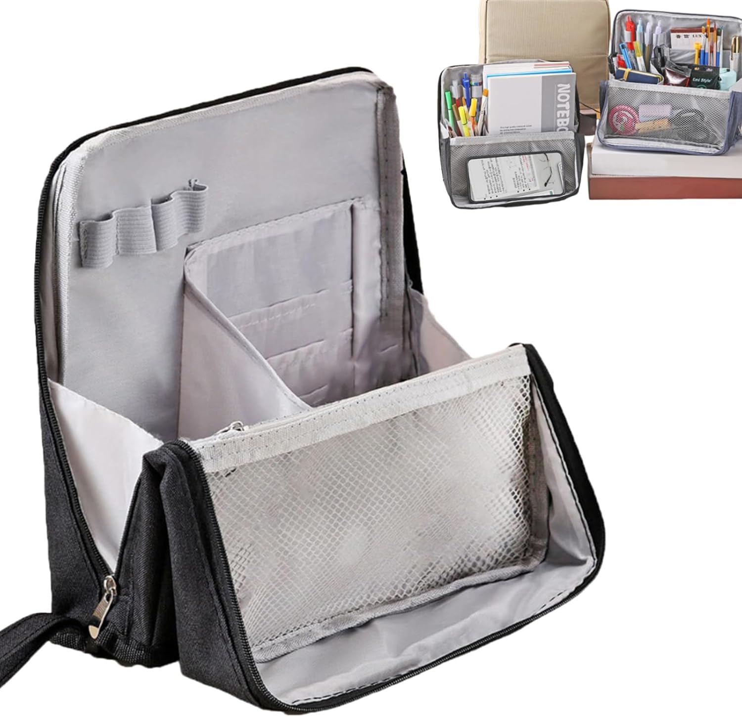 Multi-Purpose Large Capacity Oxford Cloth Standing Makeup Bag – Portable Lightweight Canvas Organizer with Multiple Compartments, Upright Design for Cosmetics & Stationery Storage Black