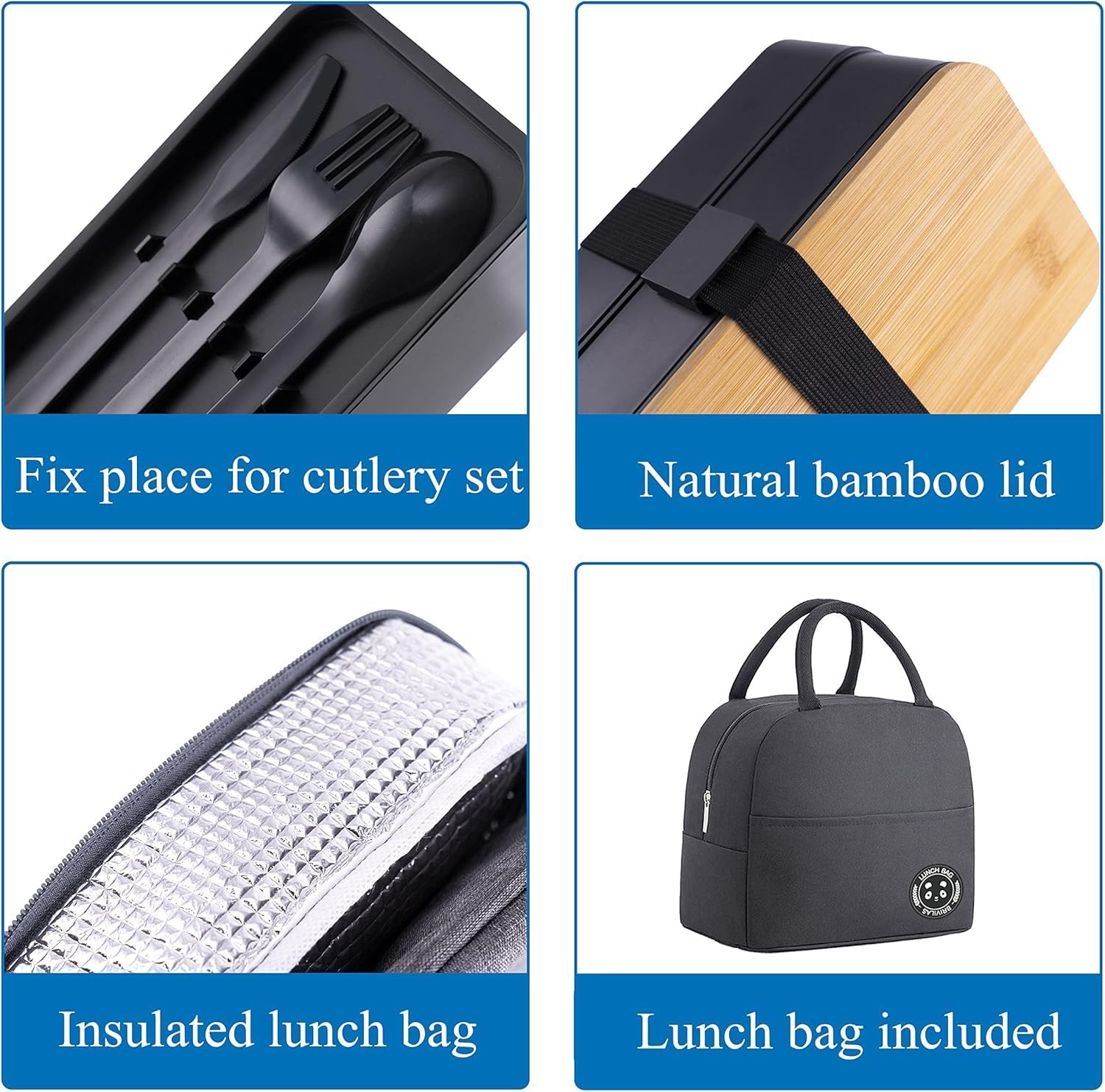 Japanese Bento Box with Bamboo Lid, Stackable Compartments, Food-Grade PP, Includes Insulated Bag for Office & Travel
