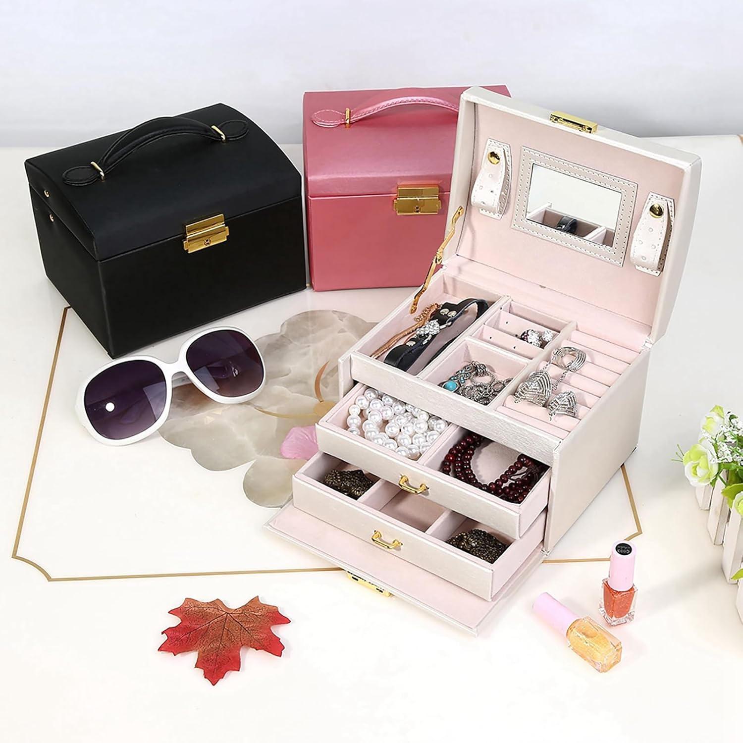 Three-Layer Jewelry Organizer Box with PU Handle, Lockable Display Case for Earrings, Necklaces, Rings – White