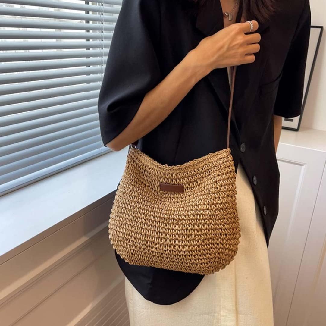 Straw Beach Bag, Summer Straw Bag Female Fashion Braided Single Shoulder Crossbody Bag All-Match Beach Bag
