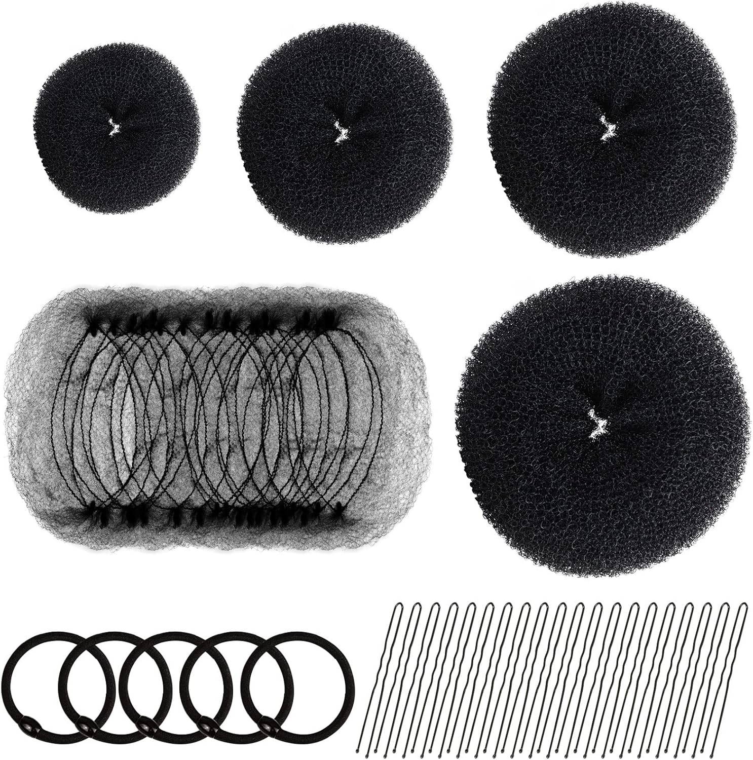 Hair Donut Bun Maker Set - 4 Bun Shapers, 20 Invisible Nets, 5 Elastics, 20 Bobby Pins Black