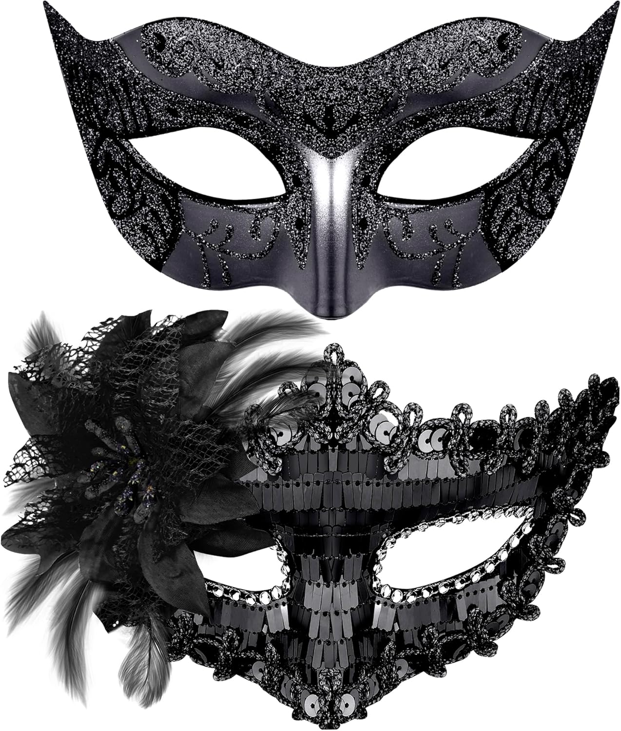 Couple Masquerade Masks Sequins Venetian Party Mask Plastic Costume Mask Rhinestone Mardi Gras Mask for Couples, Black