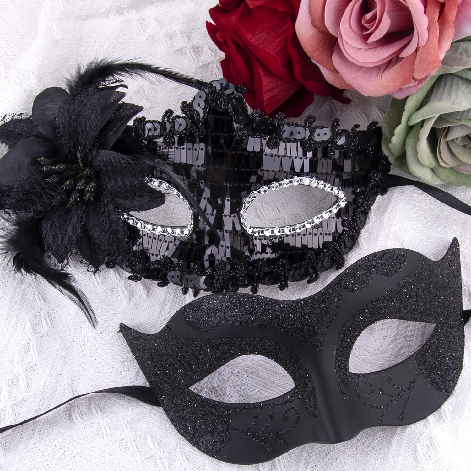 Couple Masquerade Masks Sequins Venetian Party Mask Plastic Costume Mask Rhinestone Mardi Gras Mask for Couples, Black
