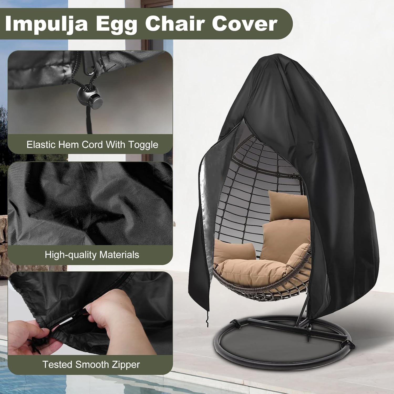 【2025 Upgrade】420D Patio Egg Chair Cover with Zipper,Outdoor Hanging Egg Chair Cover,UV Resistant,Windproof Heavy Duty,Wicker Egg Swing Chair Covers,Fits Single Seat Egg Chair,75" x 45",Black