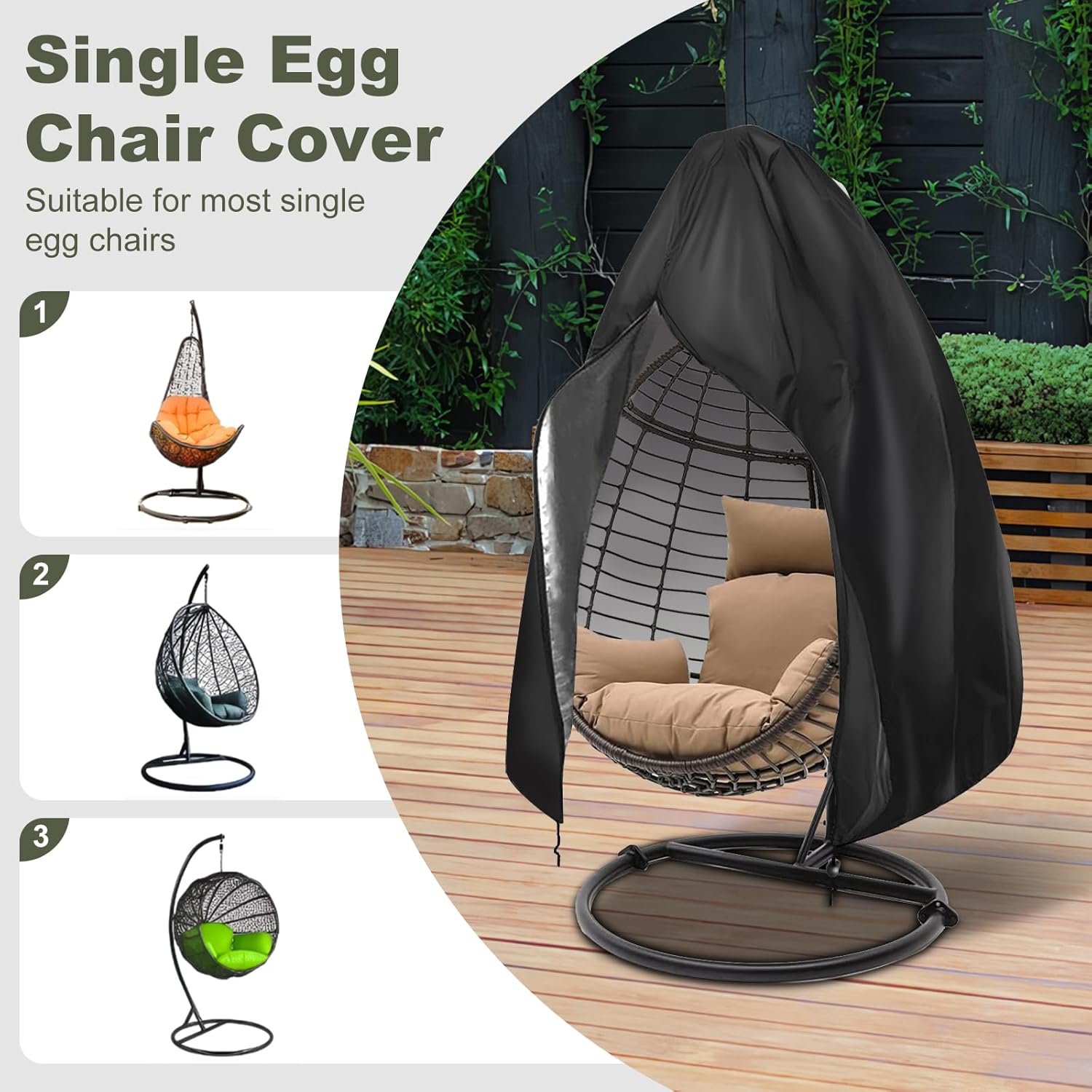【2025 Upgrade】420D Patio Egg Chair Cover with Zipper,Outdoor Hanging Egg Chair Cover,UV Resistant,Windproof Heavy Duty,Wicker Egg Swing Chair Covers,Fits Single Seat Egg Chair,75" x 45",Black