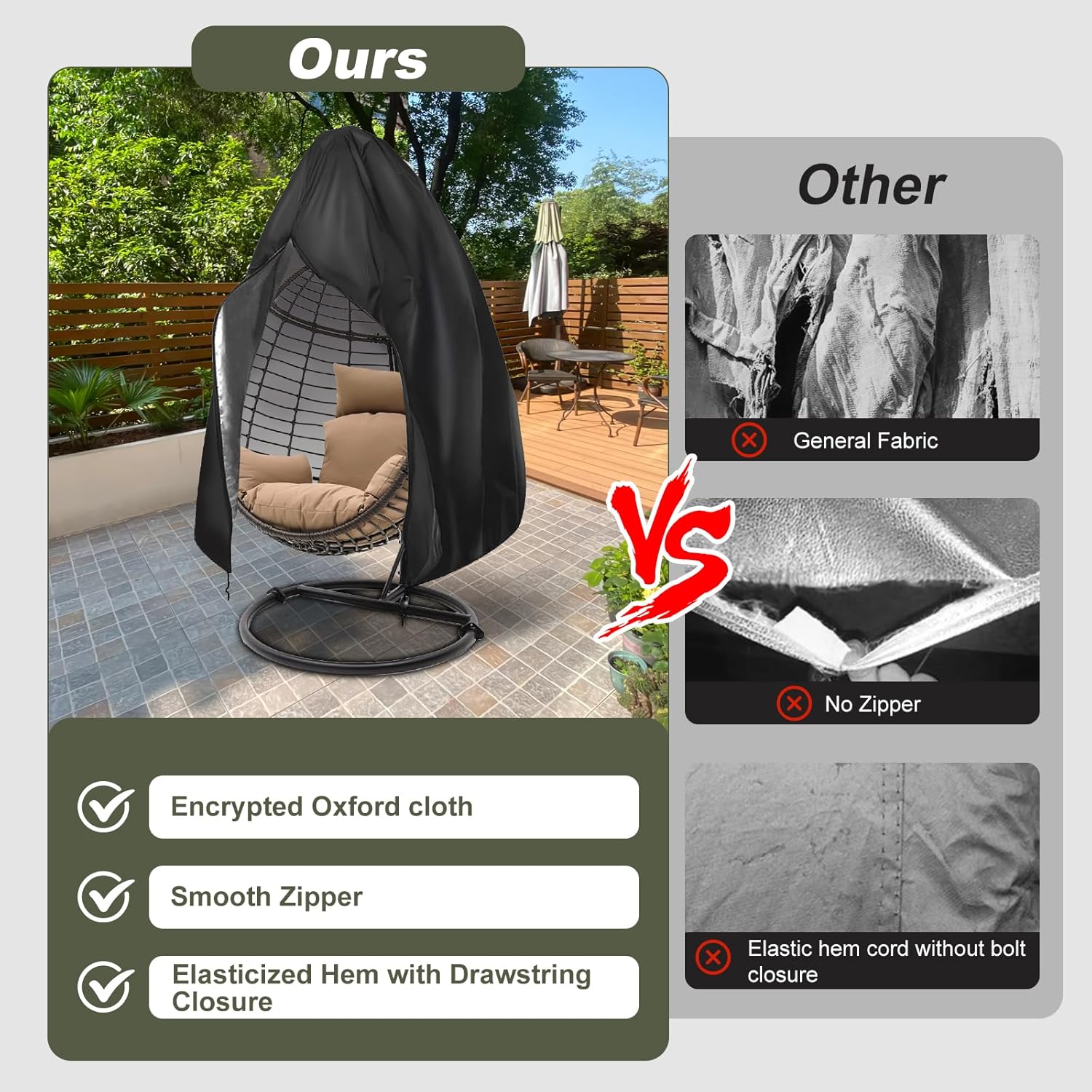 【2025 Upgrade】420D Patio Egg Chair Cover with Zipper,Outdoor Hanging Egg Chair Cover,UV Resistant,Windproof Heavy Duty,Wicker Egg Swing Chair Covers,Fits Single Seat Egg Chair,75" x 45",Black