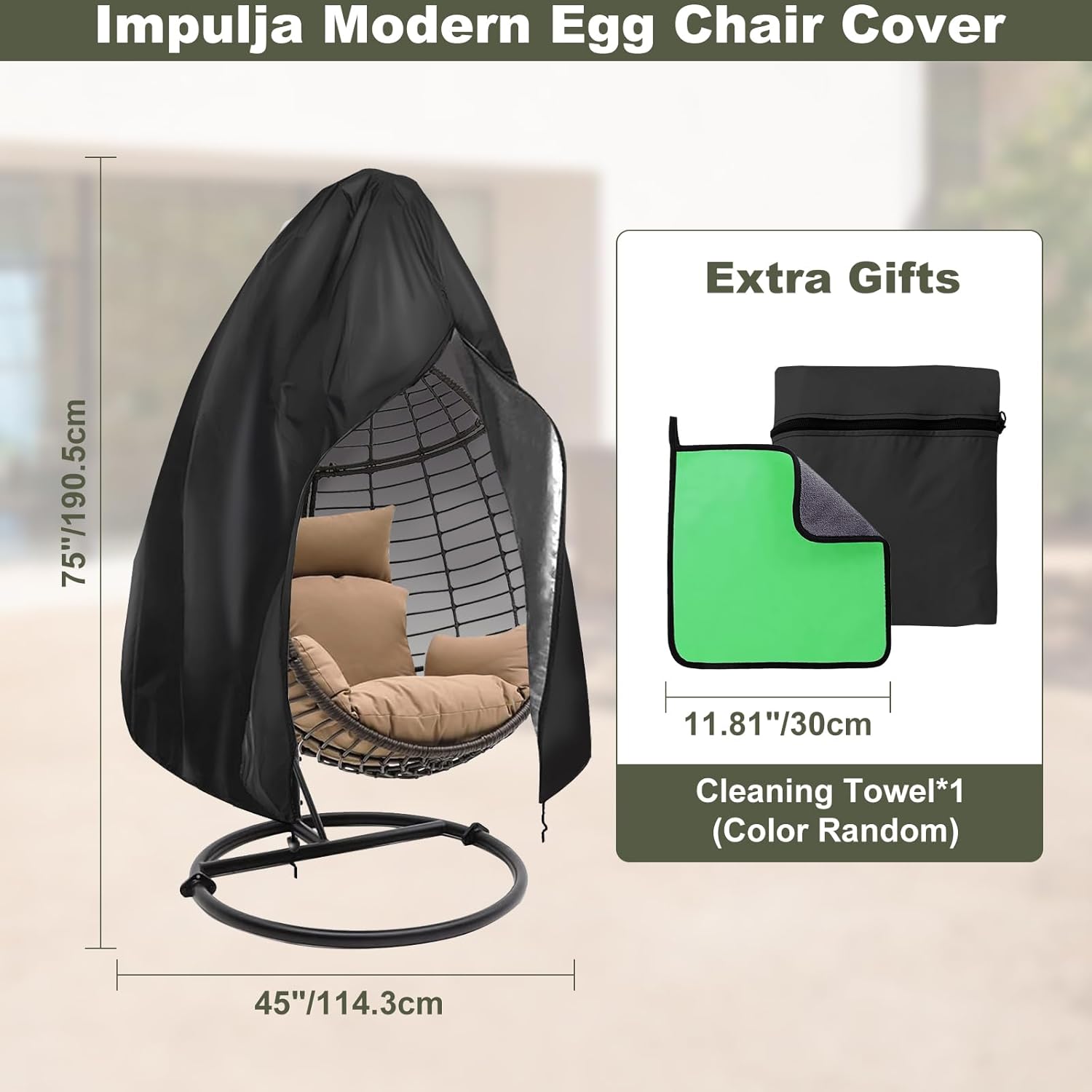 【2025 Upgrade】420D Patio Egg Chair Cover with Zipper,Outdoor Hanging Egg Chair Cover,UV Resistant,Windproof Heavy Duty,Wicker Egg Swing Chair Covers,Fits Single Seat Egg Chair,75" x 45",Black