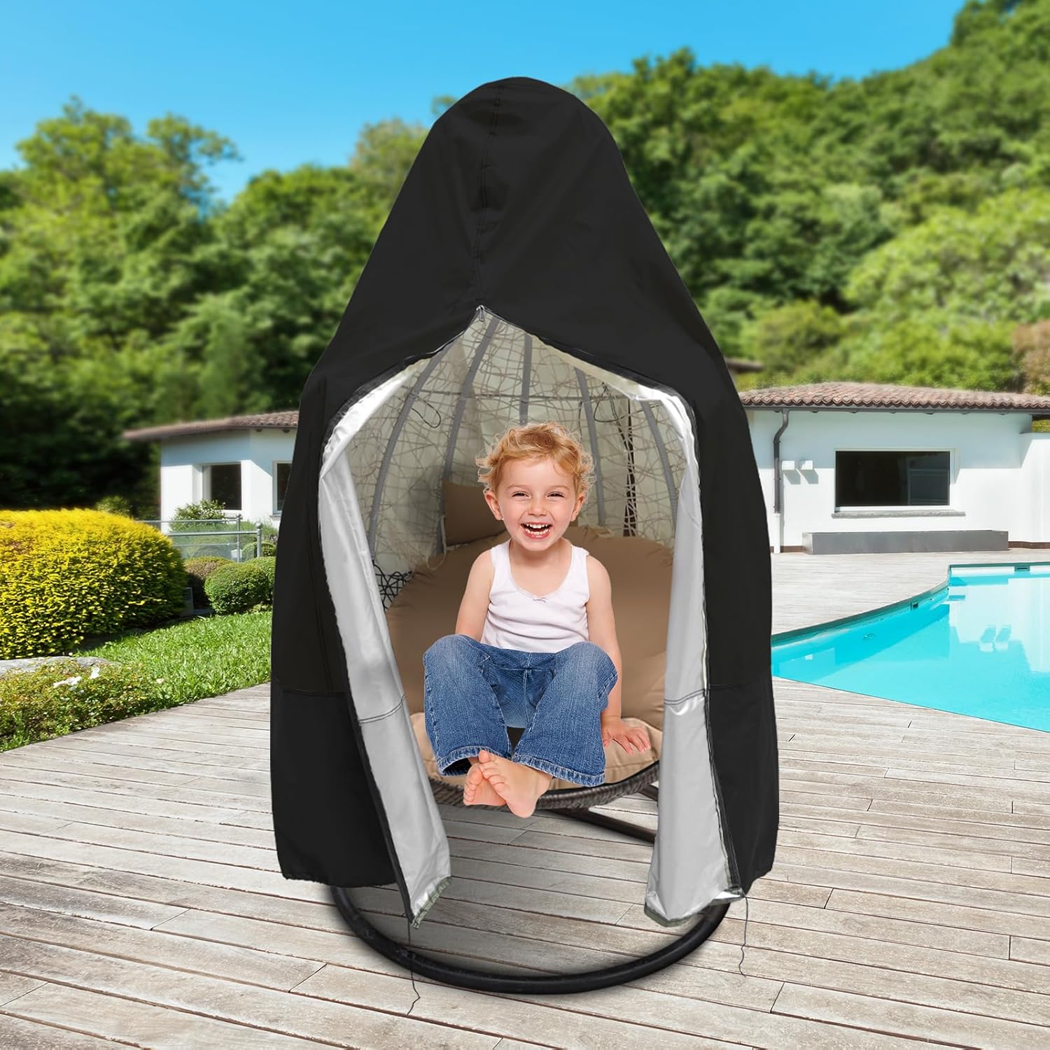 【2025 Upgrade】420D Patio Egg Chair Cover with Zipper,Outdoor Hanging Egg Chair Cover,UV Resistant,Windproof Heavy Duty,Wicker Egg Swing Chair Covers,Fits Single Seat Egg Chair,75" x 45",Black