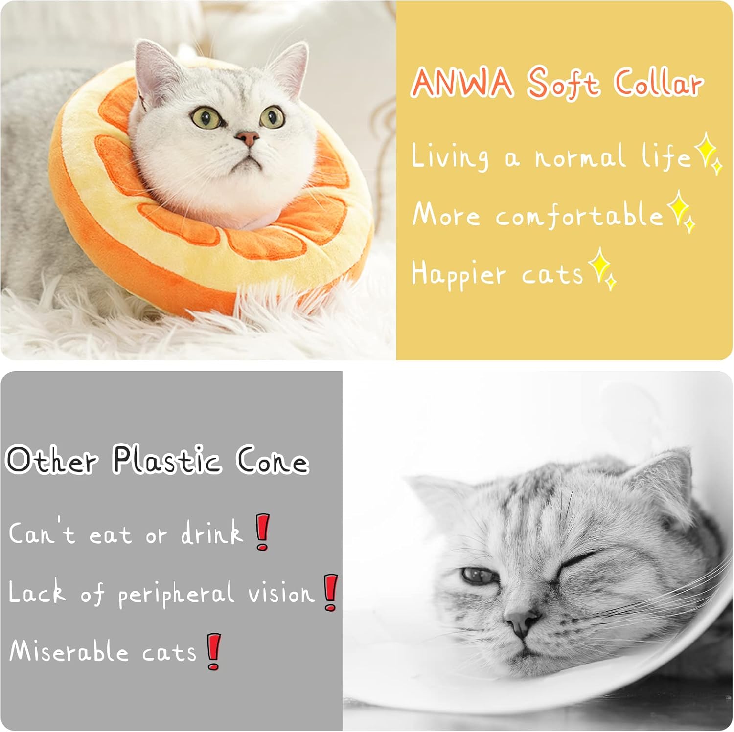Adjustable Cat Cone Collar Soft, Cute Cat Donut Collar After Surgery, Kitten Recovery Cones to Stop Licking