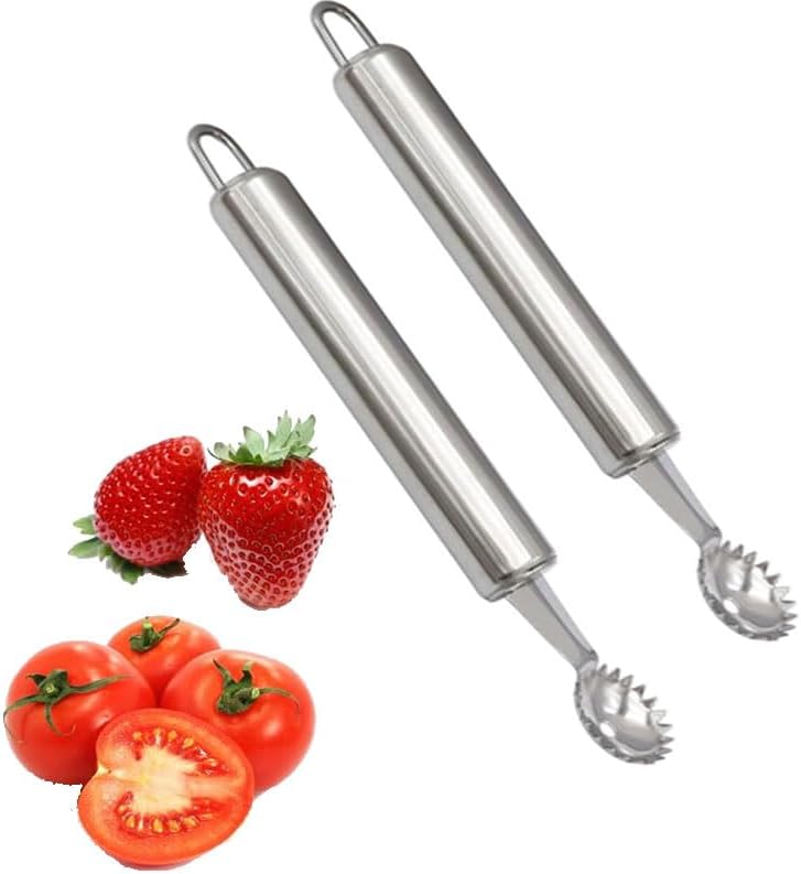 2 Pcs Stainless Steel Strawberry Huller and Tomato Stem Corer Tool, Tomato Stem Corer Tool,Stainless Steel Strawberry Huller Corer Vegetable and Corer Practical Kitchen Tool Fruit 2