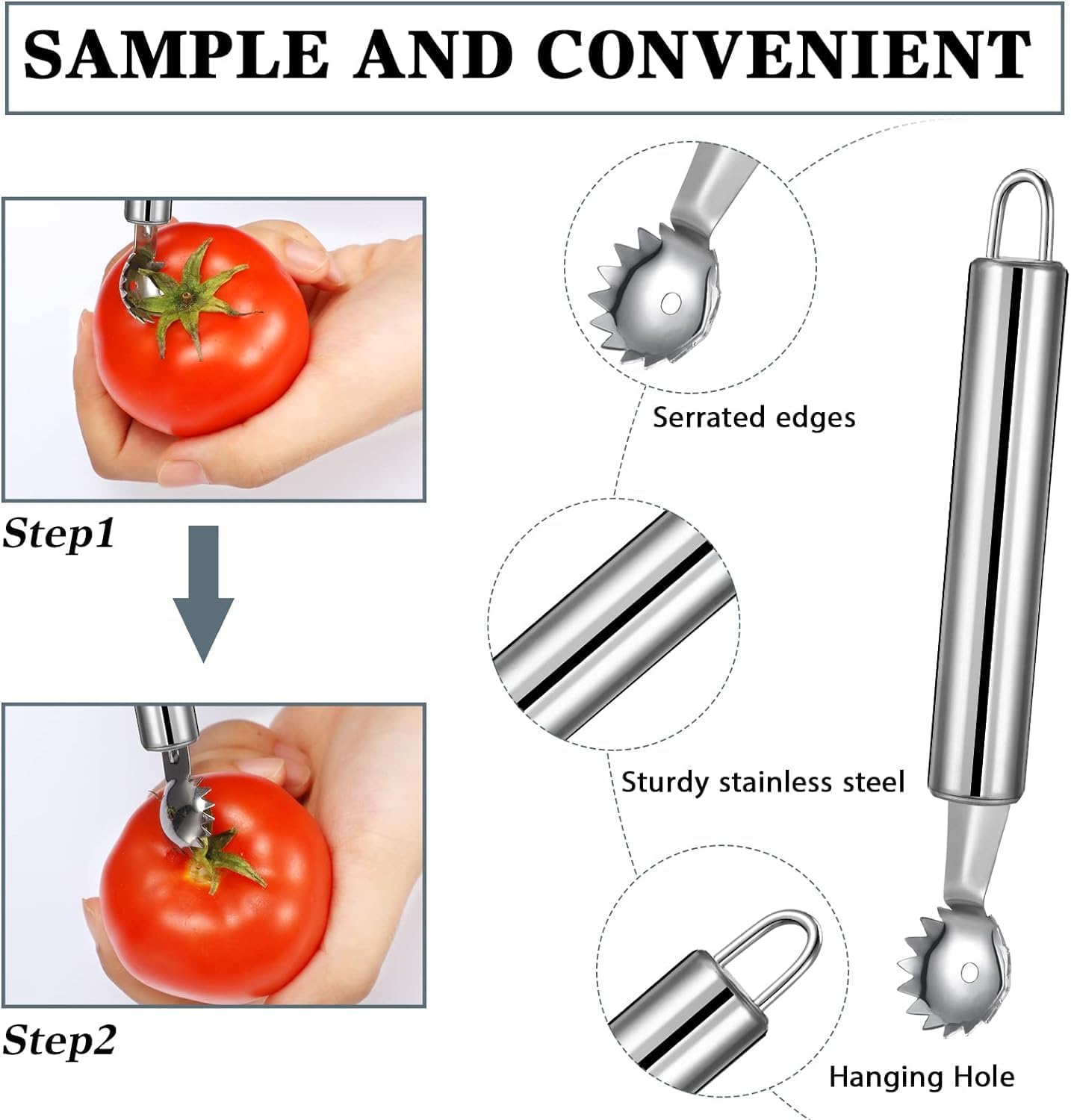 2 Pcs Stainless Steel Strawberry Huller and Tomato Stem Corer Tool, Tomato Stem Corer Tool,Stainless Steel Strawberry Huller Corer Vegetable and Corer Practical Kitchen Tool Fruit 2