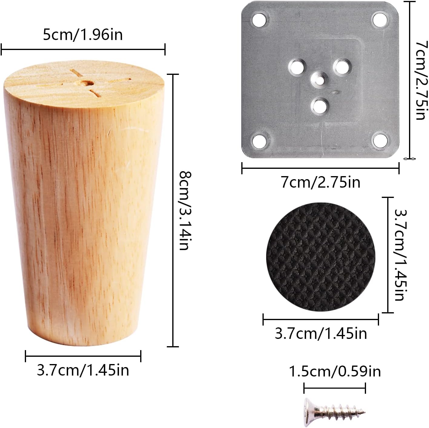 4 PCS 8CM Wooden Furniture Legs with Mounting Plate Screws and Anti-Slip Mats, Tapered Replacement Wood Sofa Legs, Straight Solid Wood Furniture Feet for Couch Table Chair Bed Armchair Cabinet Legs