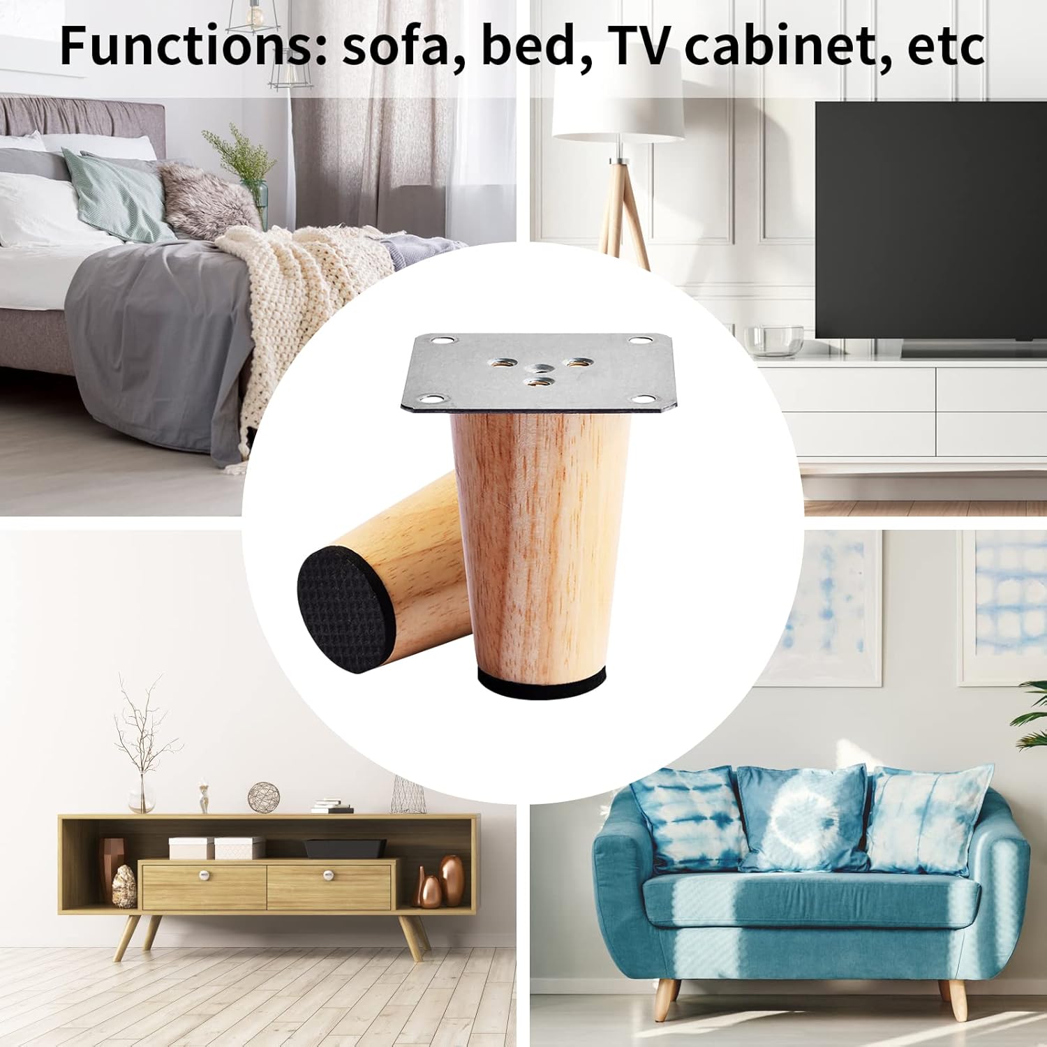 4 PCS 8CM Wooden Furniture Legs with Mounting Plate Screws and Anti-Slip Mats, Tapered Replacement Wood Sofa Legs, Straight Solid Wood Furniture Feet for Couch Table Chair Bed Armchair Cabinet Legs