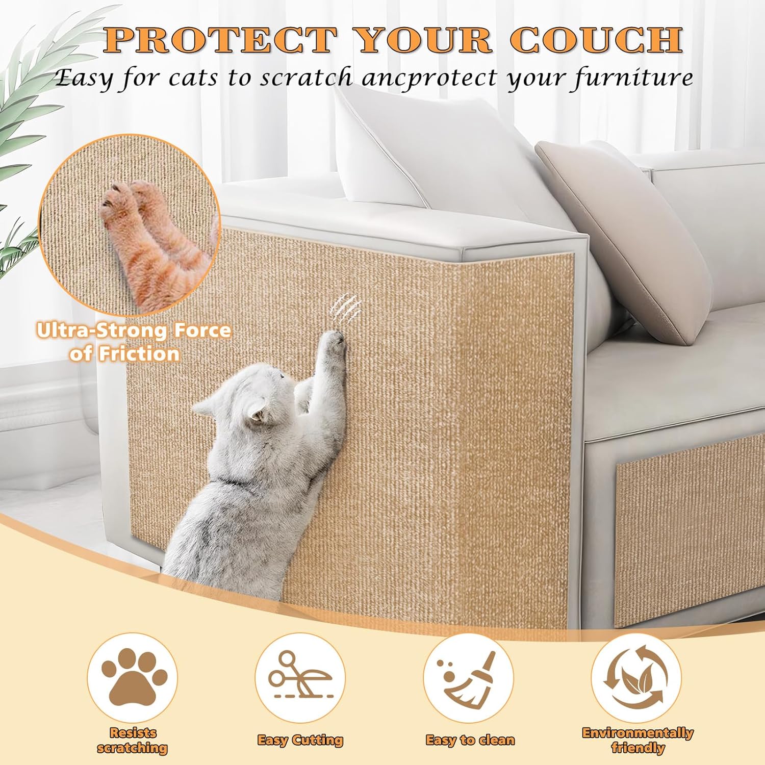 Cat Scratching Carpet,15.8"x78.7"Cat Climbing Pad,Self-Adhesive Cat Scratch Mat,Sticky Scratch Wall Mat, Furniture Protector for Floor Couch Sofa Door Corner Khaki