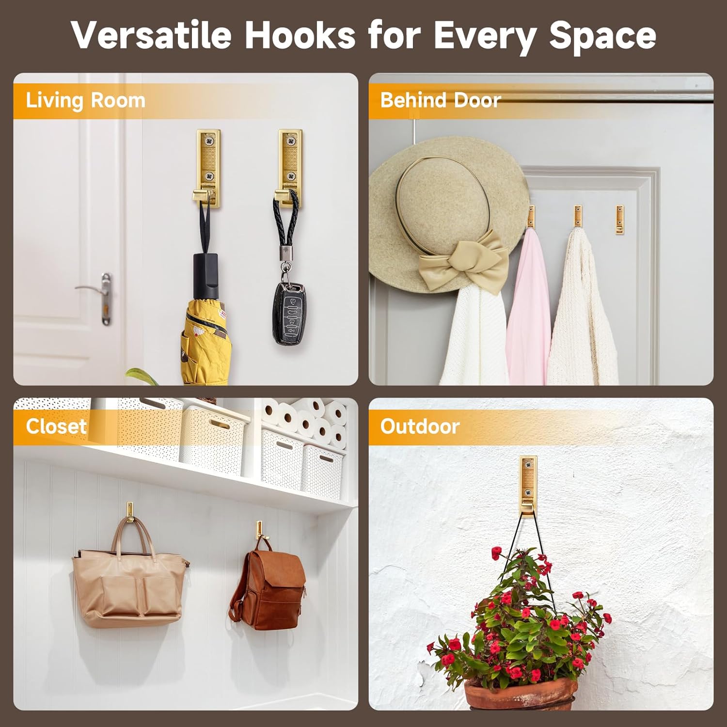 Folding Hooks 4 Pack Foldable Coat Hook Heavy Duty Wall Hooks for Hanging Coats, Towel, Hat, Backpacks Gold