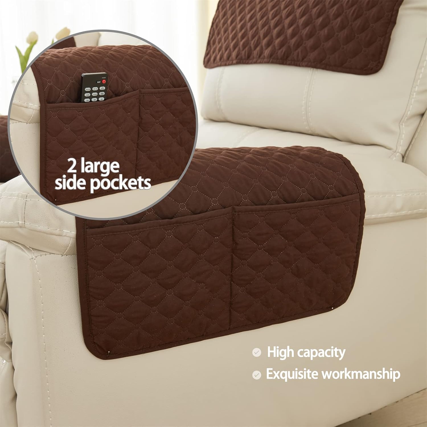 Armrest Chair Covers, Stretch Armchair Couch Arm Rest Cover, Waterproof Armchair Slipcover Nonslip Quilted Furniture Protector for Pets Leather Sofa Couch Dark Brown,1 Person Set of 3