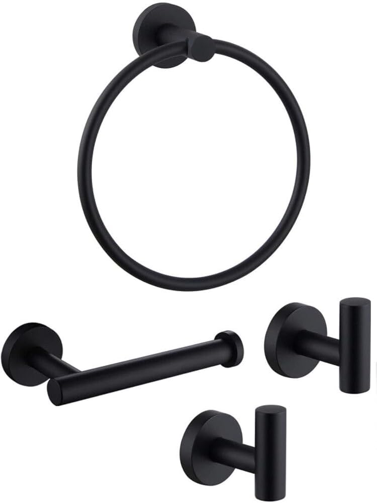 4PCS Bathroom Hardware Set 304 Stainless Steel Bathroom Accessories Set Including 2 Wall Mounted Stainless Steel Robe Hooks Toilet Paper Holder and Towel Ring Black