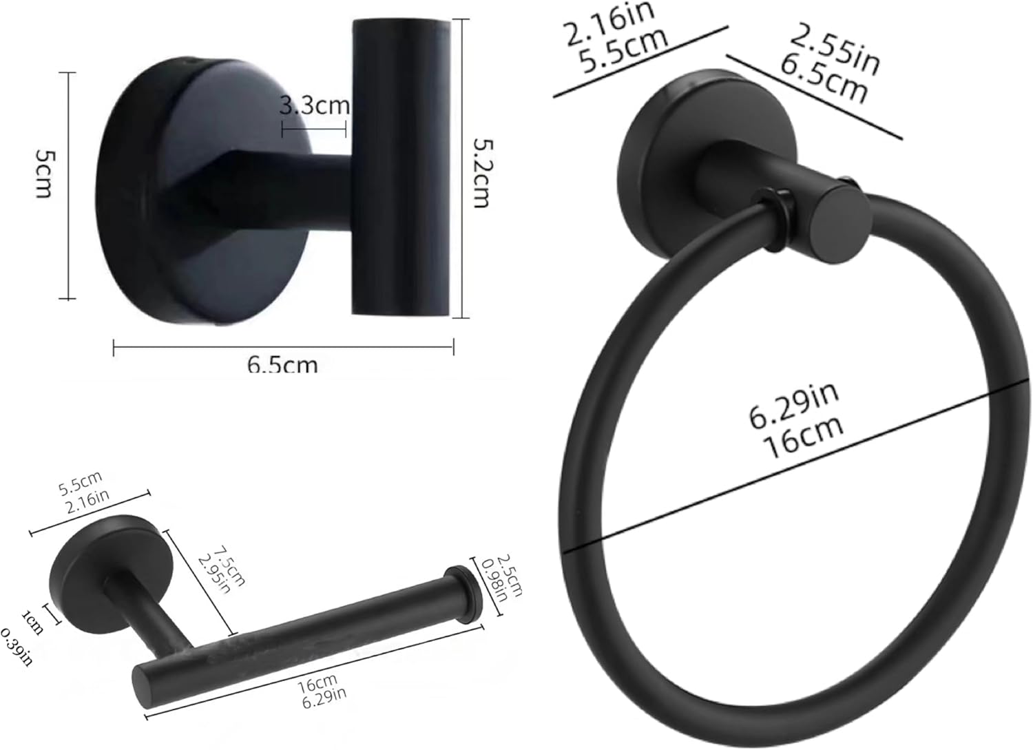 4PCS Bathroom Hardware Set 304 Stainless Steel Bathroom Accessories Set Including 2 Wall Mounted Stainless Steel Robe Hooks Toilet Paper Holder and Towel Ring Black