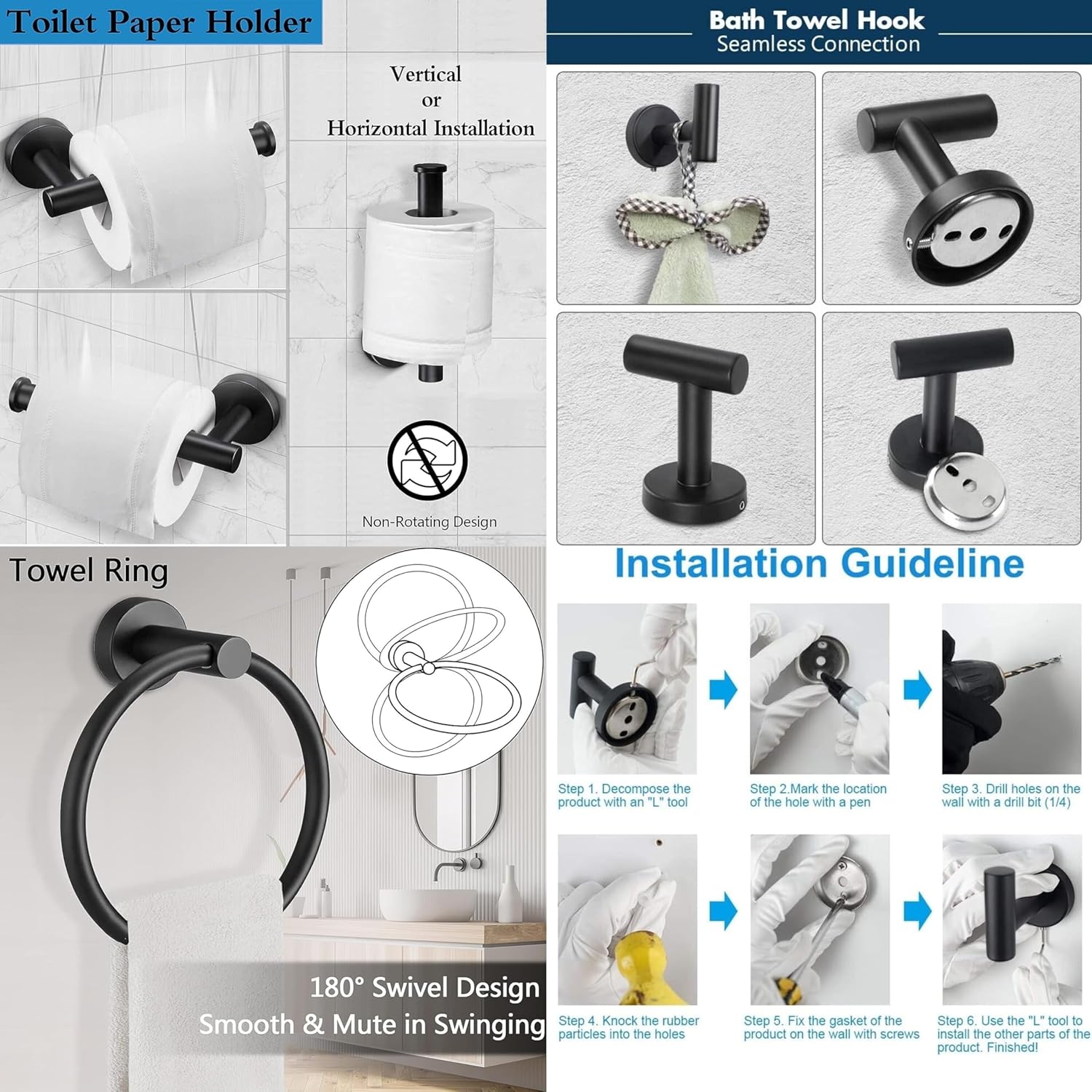 4PCS Bathroom Hardware Set 304 Stainless Steel Bathroom Accessories Set Including 2 Wall Mounted Stainless Steel Robe Hooks Toilet Paper Holder and Towel Ring Black