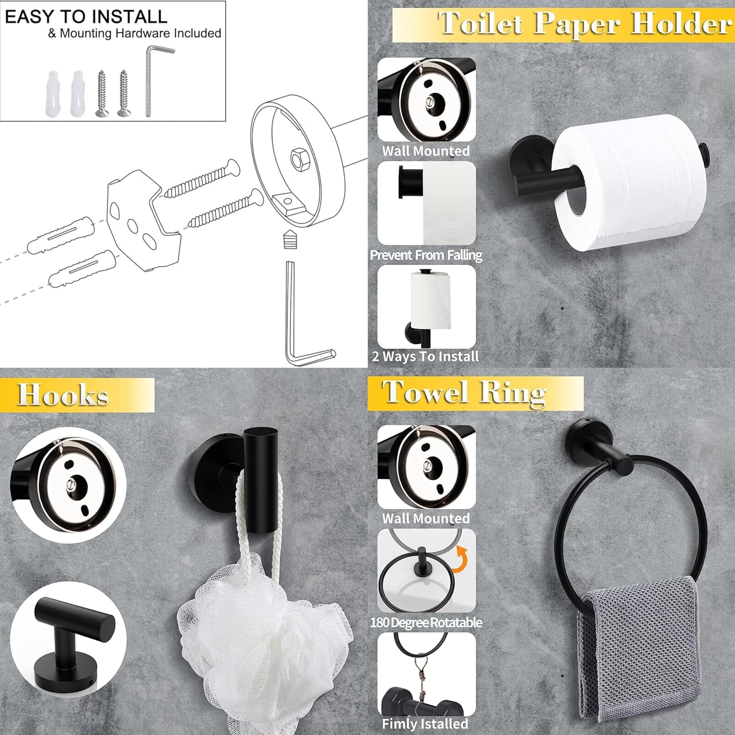 4PCS Bathroom Hardware Set 304 Stainless Steel Bathroom Accessories Set Including 2 Wall Mounted Stainless Steel Robe Hooks Toilet Paper Holder and Towel Ring Black