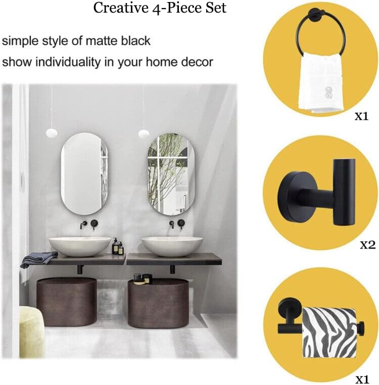 4PCS Bathroom Hardware Set 304 Stainless Steel Bathroom Accessories Set Including 2 Wall Mounted Stainless Steel Robe Hooks Toilet Paper Holder and Towel Ring Black
