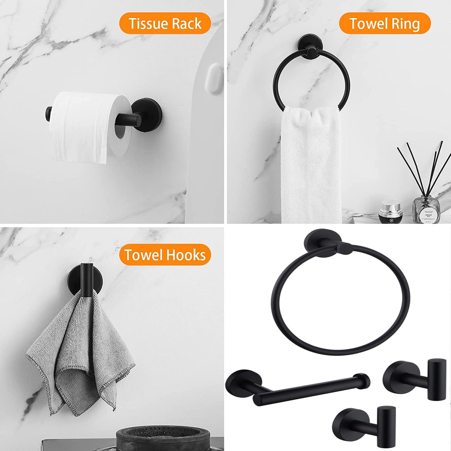 4PCS Bathroom Hardware Set 304 Stainless Steel Bathroom Accessories Set Including 2 Wall Mounted Stainless Steel Robe Hooks Toilet Paper Holder and Towel Ring Black