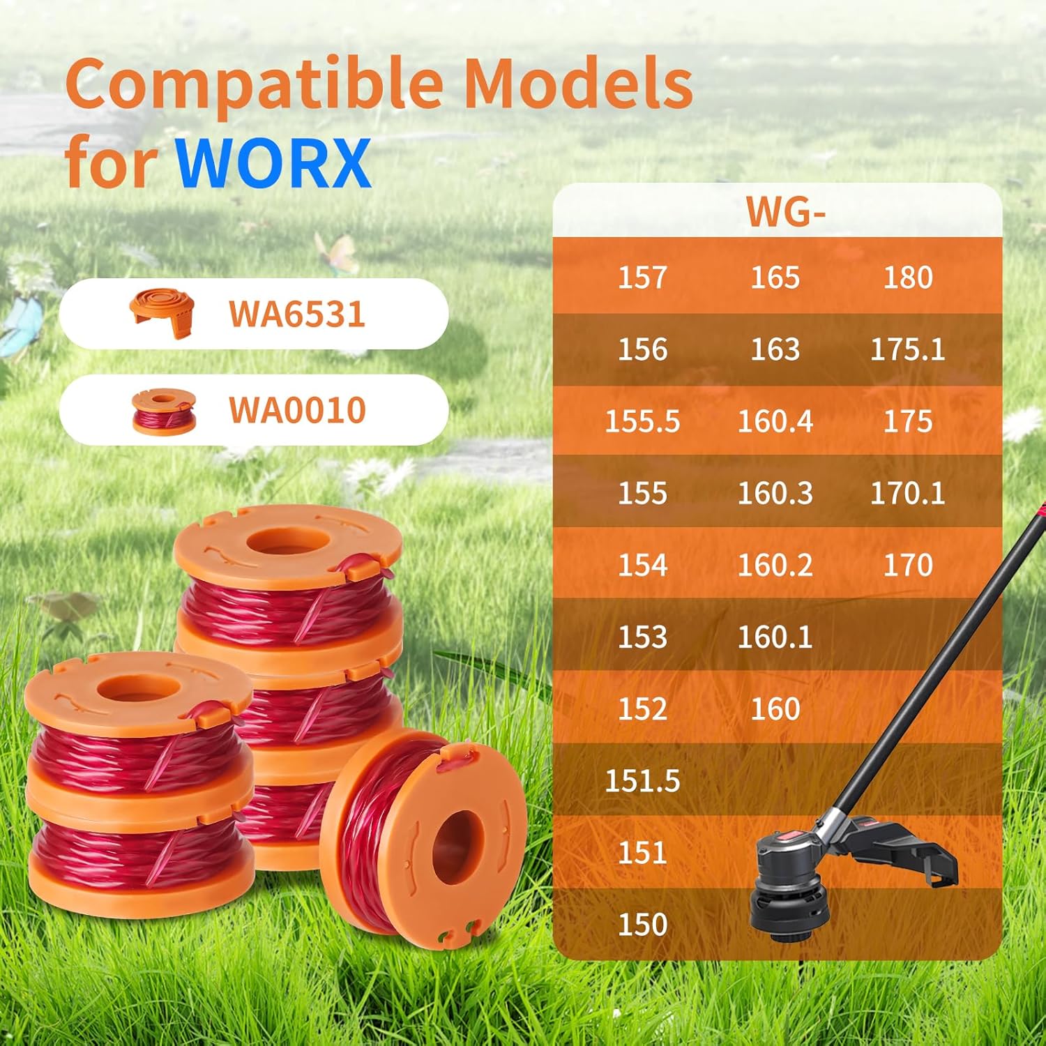 12 Pack Trimmer Spool Line for Worx, WA0010 Edger Spools Replacement for Worx, 0.065 inch Trimmer Line Refills for Worx, Compatible with Worx String Trimmers 10 Grass Trimmer Line, 2 Trimmer Cap