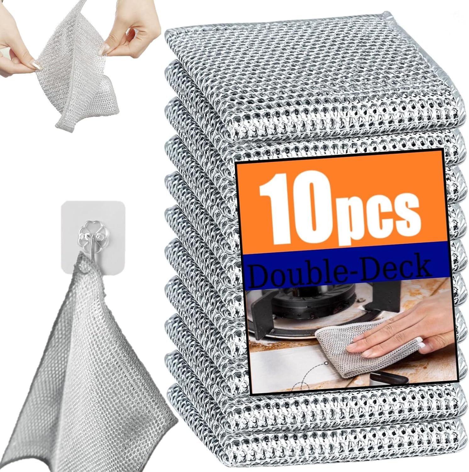 Wire Mesh Cleaning Cloth,Non Scratch Wire Dishcloth,Wire Dishwashing Rags,Multipurpose Metal Miracle Washing Rag,Reusable Steel Wool Scrubber for Kitchen Cleaning 10pcs Suitable for Dishes,Pots, Dish