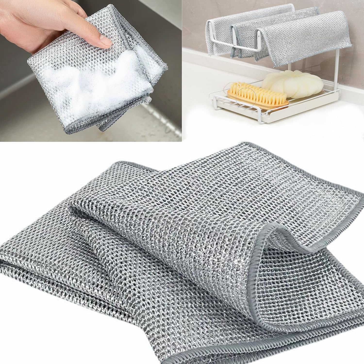 Wire Mesh Cleaning Cloth,Non Scratch Wire Dishcloth,Wire Dishwashing Rags,Multipurpose Metal Miracle Washing Rag,Reusable Steel Wool Scrubber for Kitchen Cleaning 10pcs Suitable for Dishes,Pots, Dish