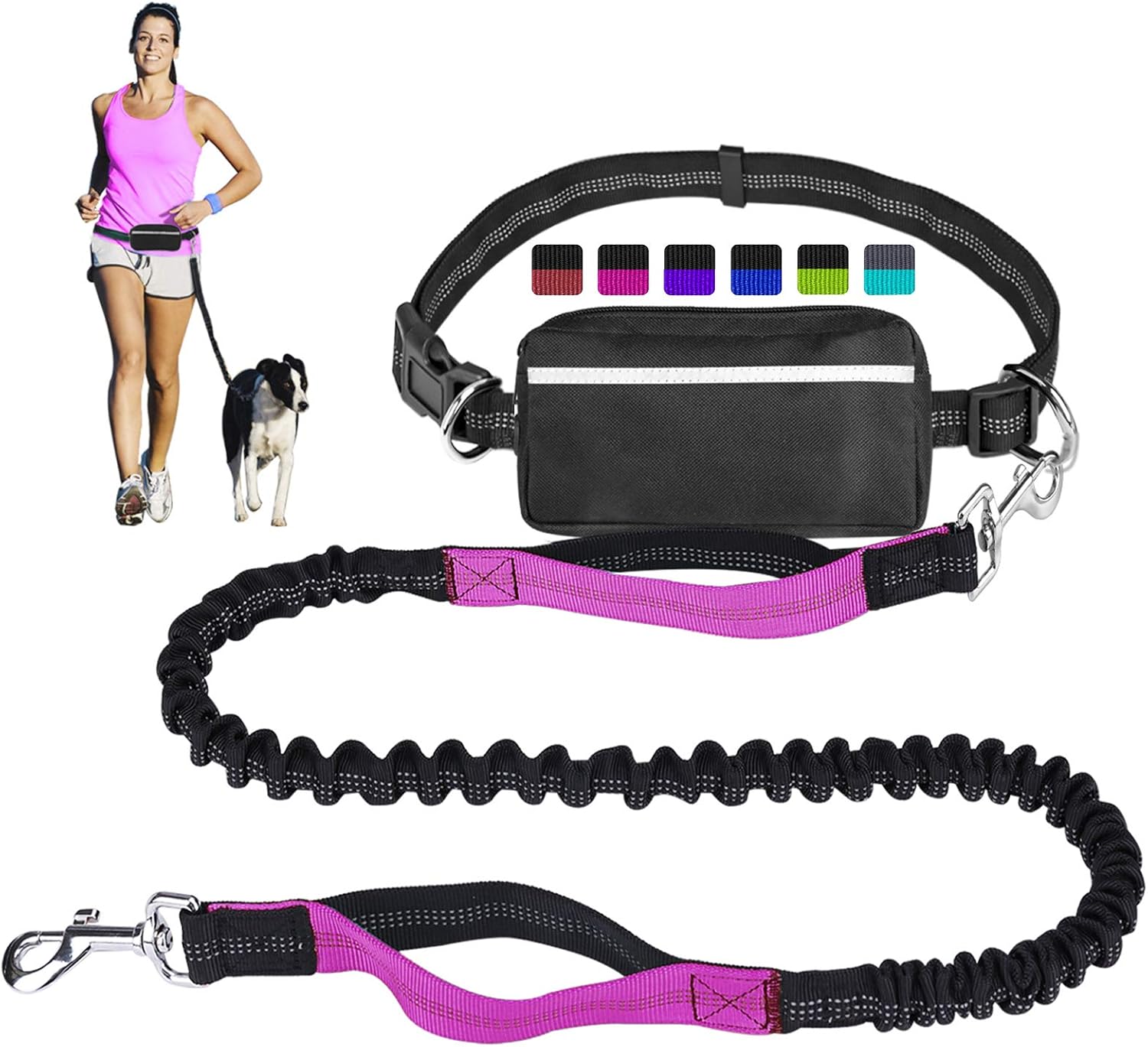 Hands Free Dog Leash for Running Walking Training Hiking, Dual-Handle Reflective Bungee, Poop Bag Dispenser Pouch, Adjustable Waist Belt, Shock Absorbing, Ideal for Medium to Large Dogs Black W Pink