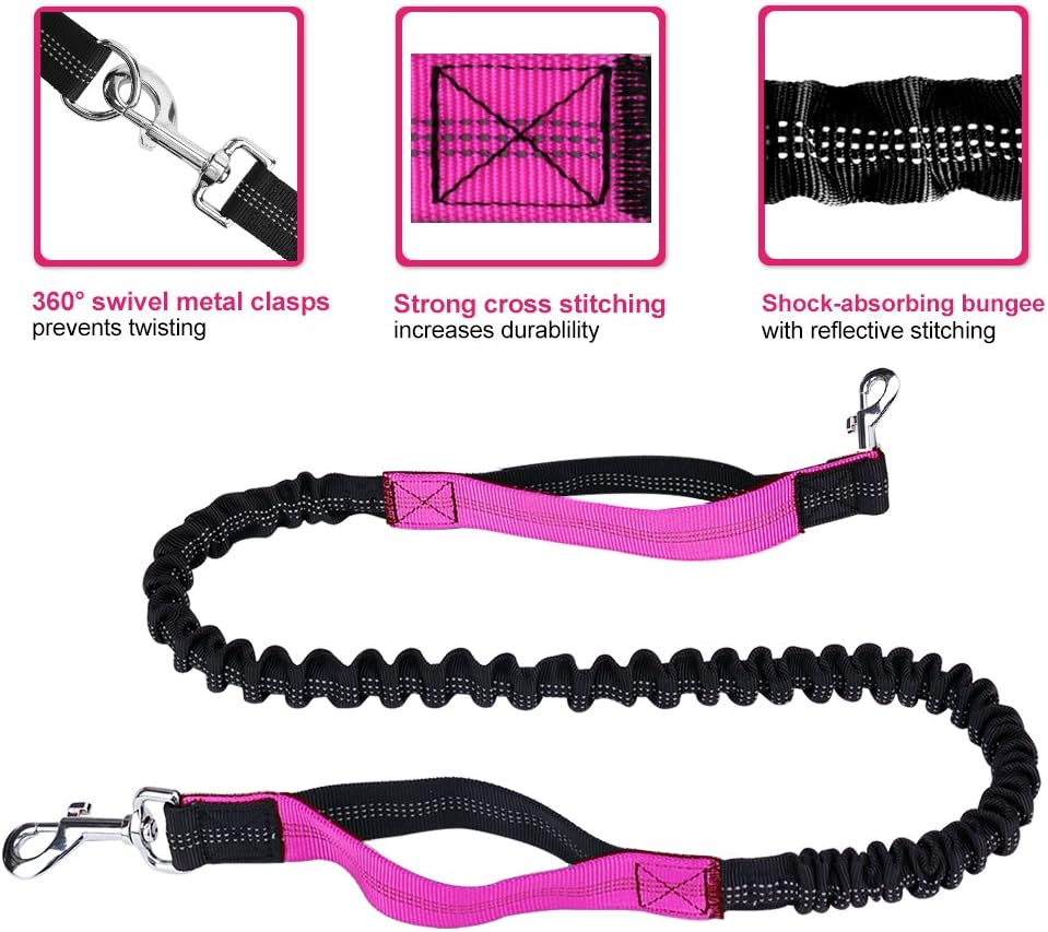 Hands Free Dog Leash for Running Walking Training Hiking, Dual-Handle Reflective Bungee, Poop Bag Dispenser Pouch, Adjustable Waist Belt, Shock Absorbing, Ideal for Medium to Large Dogs Black W Pink