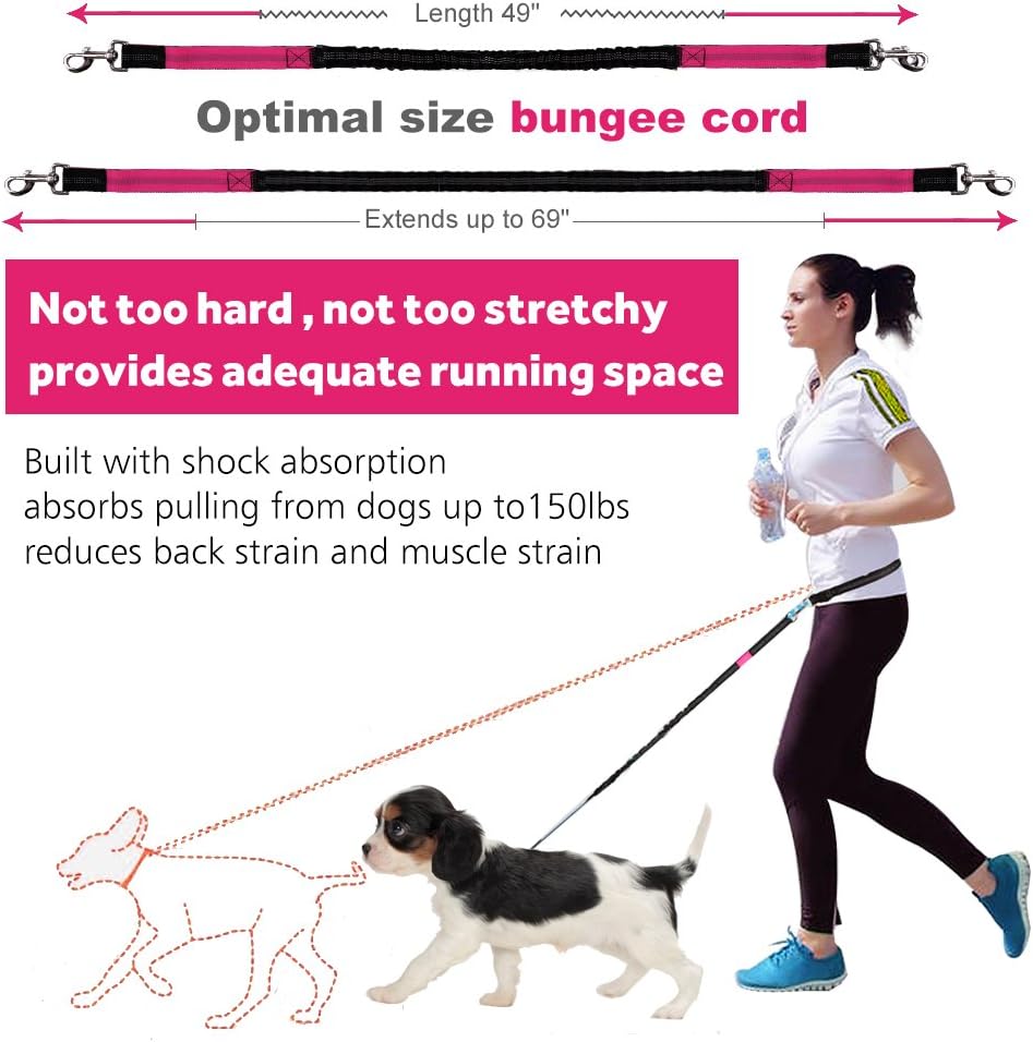 Hands Free Dog Leash for Running Walking Training Hiking, Dual-Handle Reflective Bungee, Poop Bag Dispenser Pouch, Adjustable Waist Belt, Shock Absorbing, Ideal for Medium to Large Dogs Black W Pink