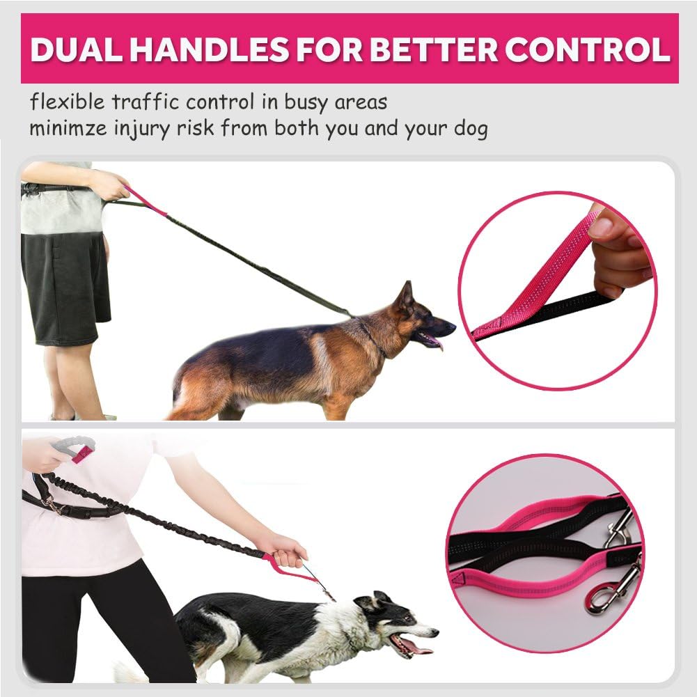 Hands Free Dog Leash for Running Walking Training Hiking, Dual-Handle Reflective Bungee, Poop Bag Dispenser Pouch, Adjustable Waist Belt, Shock Absorbing, Ideal for Medium to Large Dogs Black W Pink