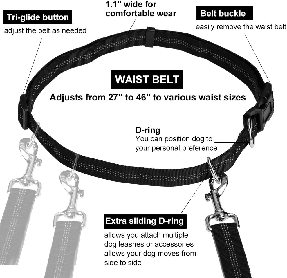 Hands Free Dog Leash for Running Walking Training Hiking, Dual-Handle Reflective Bungee, Poop Bag Dispenser Pouch, Adjustable Waist Belt, Shock Absorbing, Ideal for Medium to Large Dogs Black W Pink