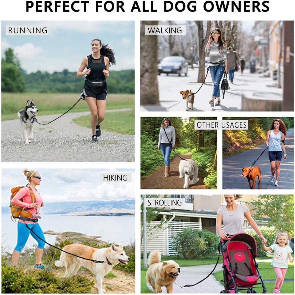 Hands Free Dog Leash for Running Walking Training Hiking, Dual-Handle Reflective Bungee, Poop Bag Dispenser Pouch, Adjustable Waist Belt, Shock Absorbing, Ideal for Medium to Large Dogs Black W Pink