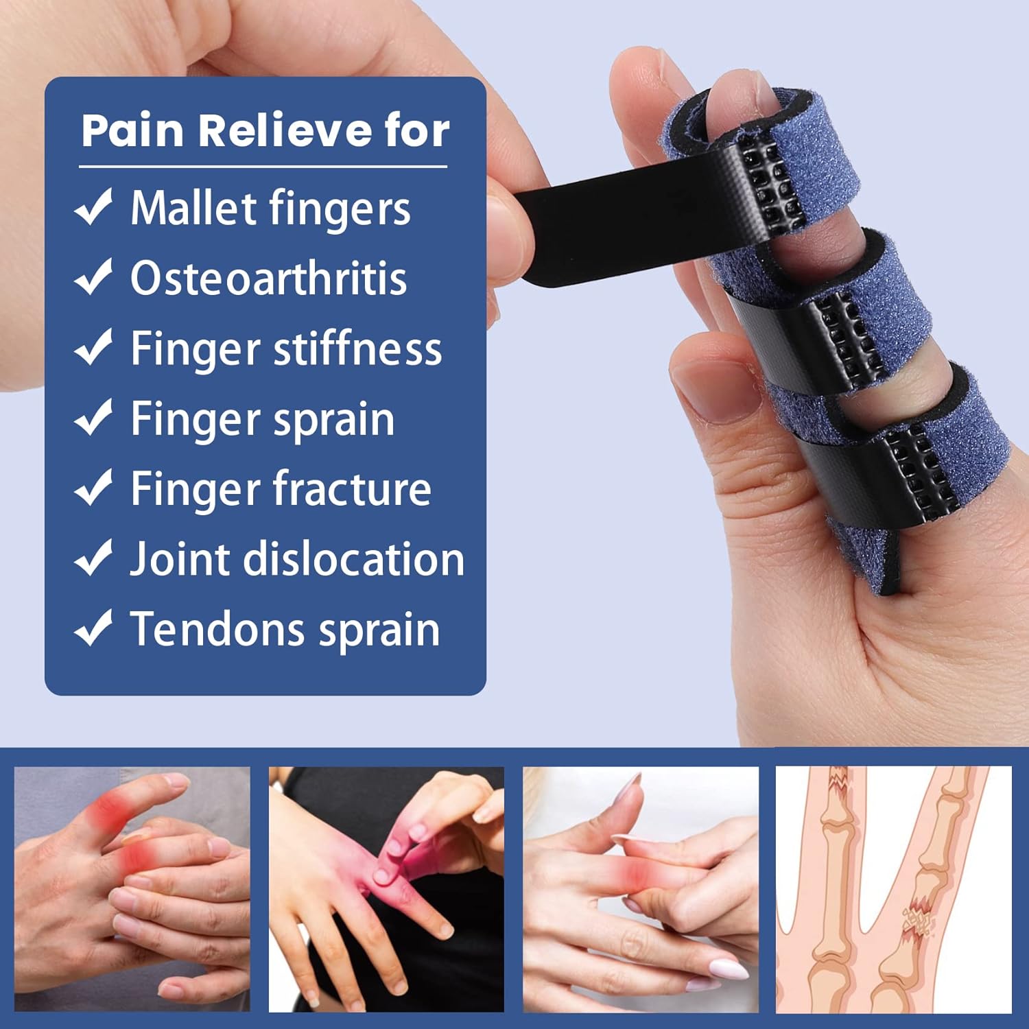 Trigger Finger Splint, Finger Splints for Straightening & Trigger Finger & Broken Finger,Finger Brace Fits Index Finger - Middle Finger - Ring Finger Blue-4pcs, One Size