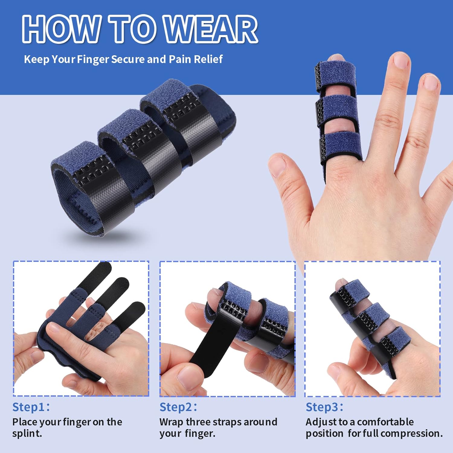 Trigger Finger Splint, Finger Splints for Straightening & Trigger Finger & Broken Finger,Finger Brace Fits Index Finger - Middle Finger - Ring Finger Blue-4pcs, One Size