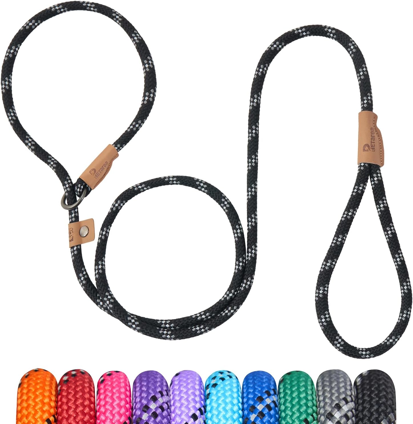 5 FT Slip Lead Dog Leash, Heavy Duty Rope Leash for Small Medium Large Dogs, No Pull Training Lead with Reflective Thread, Strong Comfortable Loop Leash Black Stripe, Medium 3/8"
