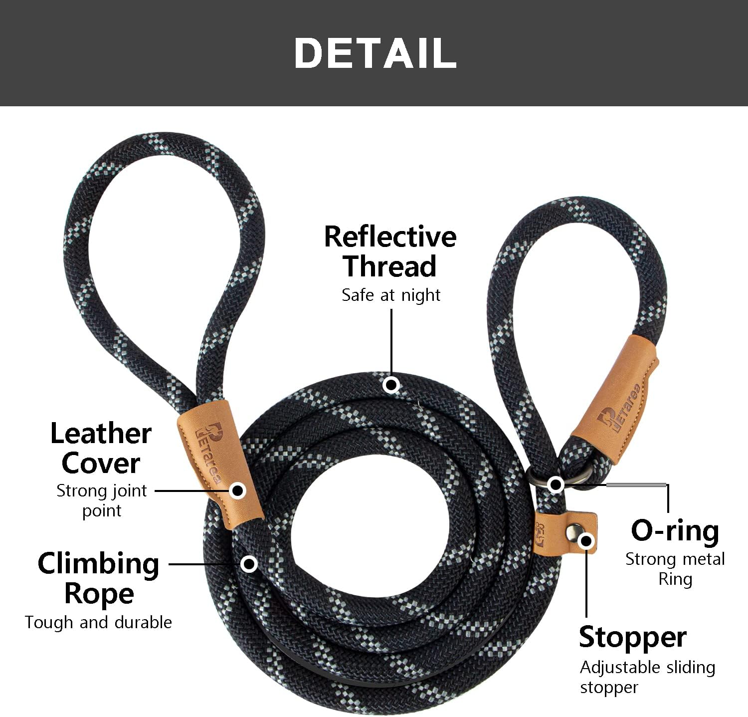5 FT Slip Lead Dog Leash, Heavy Duty Rope Leash for Small Medium Large Dogs, No Pull Training Lead with Reflective Thread, Strong Comfortable Loop Leash Black Stripe, Medium 3/8"