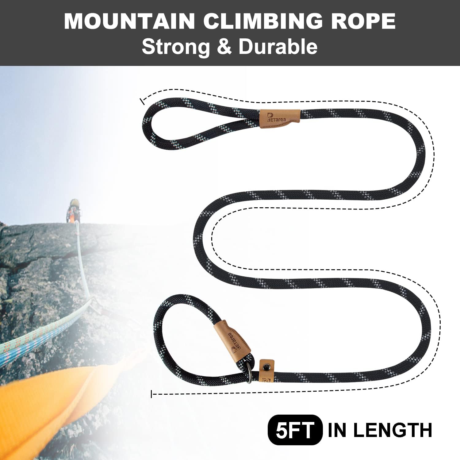 5 FT Slip Lead Dog Leash, Heavy Duty Rope Leash for Small Medium Large Dogs, No Pull Training Lead with Reflective Thread, Strong Comfortable Loop Leash Black Stripe, Medium 3/8"