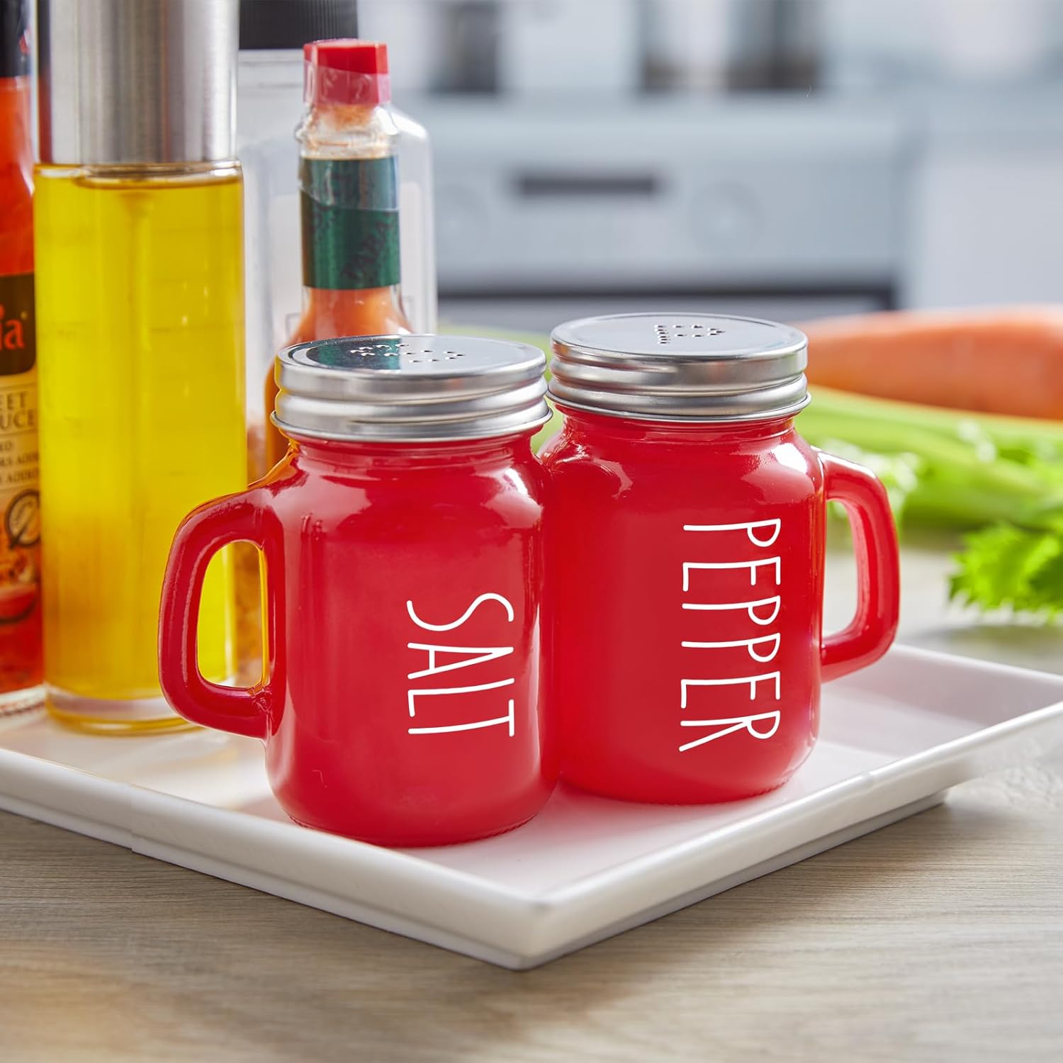Red Salt and Pepper Shakers Set, 4 oz Cute Modern Glass Christmas Red Shaker Sets with Stainless Steel Lids, Red Kitchen Decor and Accessories for Home Restaurants Weddings