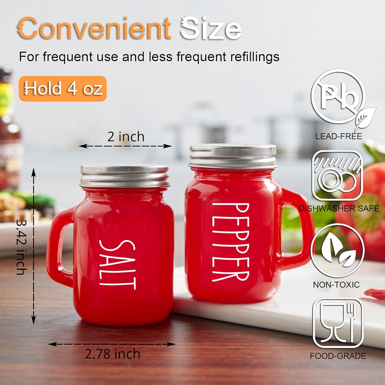 Red Salt and Pepper Shakers Set, 4 oz Cute Modern Glass Christmas Red Shaker Sets with Stainless Steel Lids, Red Kitchen Decor and Accessories for Home Restaurants Weddings