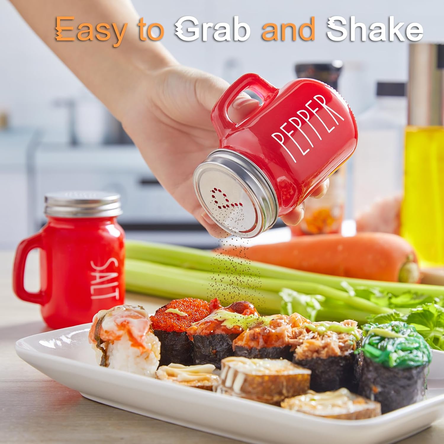 Red Salt and Pepper Shakers Set, 4 oz Cute Modern Glass Christmas Red Shaker Sets with Stainless Steel Lids, Red Kitchen Decor and Accessories for Home Restaurants Weddings