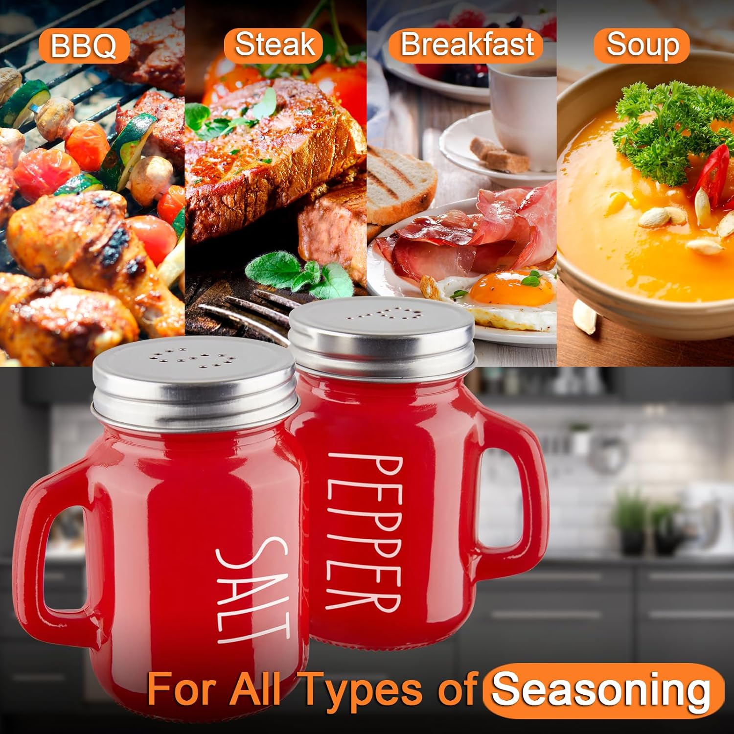 Red Salt and Pepper Shakers Set, 4 oz Cute Modern Glass Christmas Red Shaker Sets with Stainless Steel Lids, Red Kitchen Decor and Accessories for Home Restaurants Weddings