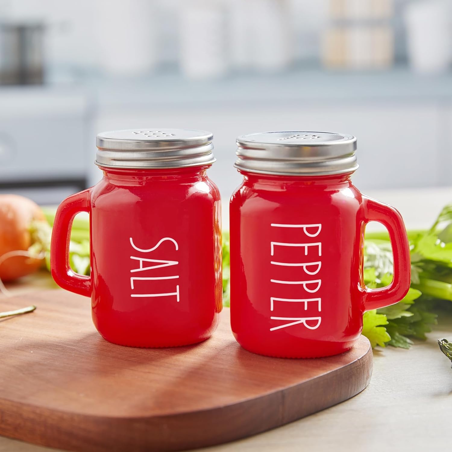 Red Salt and Pepper Shakers Set, 4 oz Cute Modern Glass Christmas Red Shaker Sets with Stainless Steel Lids, Red Kitchen Decor and Accessories for Home Restaurants Weddings
