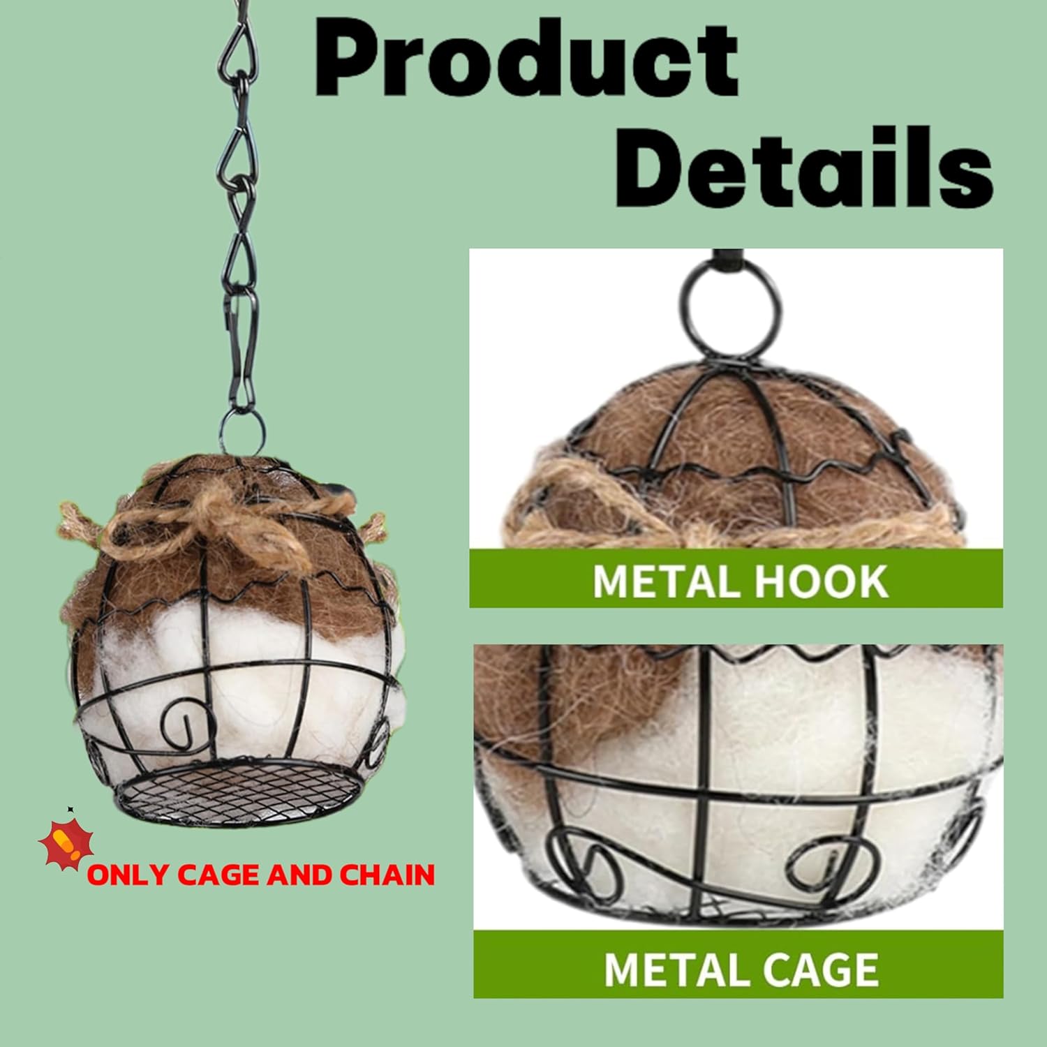 Outdoor Bird Nesting Ball,Metal Hanging Bird Cage,Outdoor Grid Bird Feeder,Garden Patio Nesting Ball,Design for Bird Lover Gifts,Bird Watching Gifts,Garden Ornament Black, Large