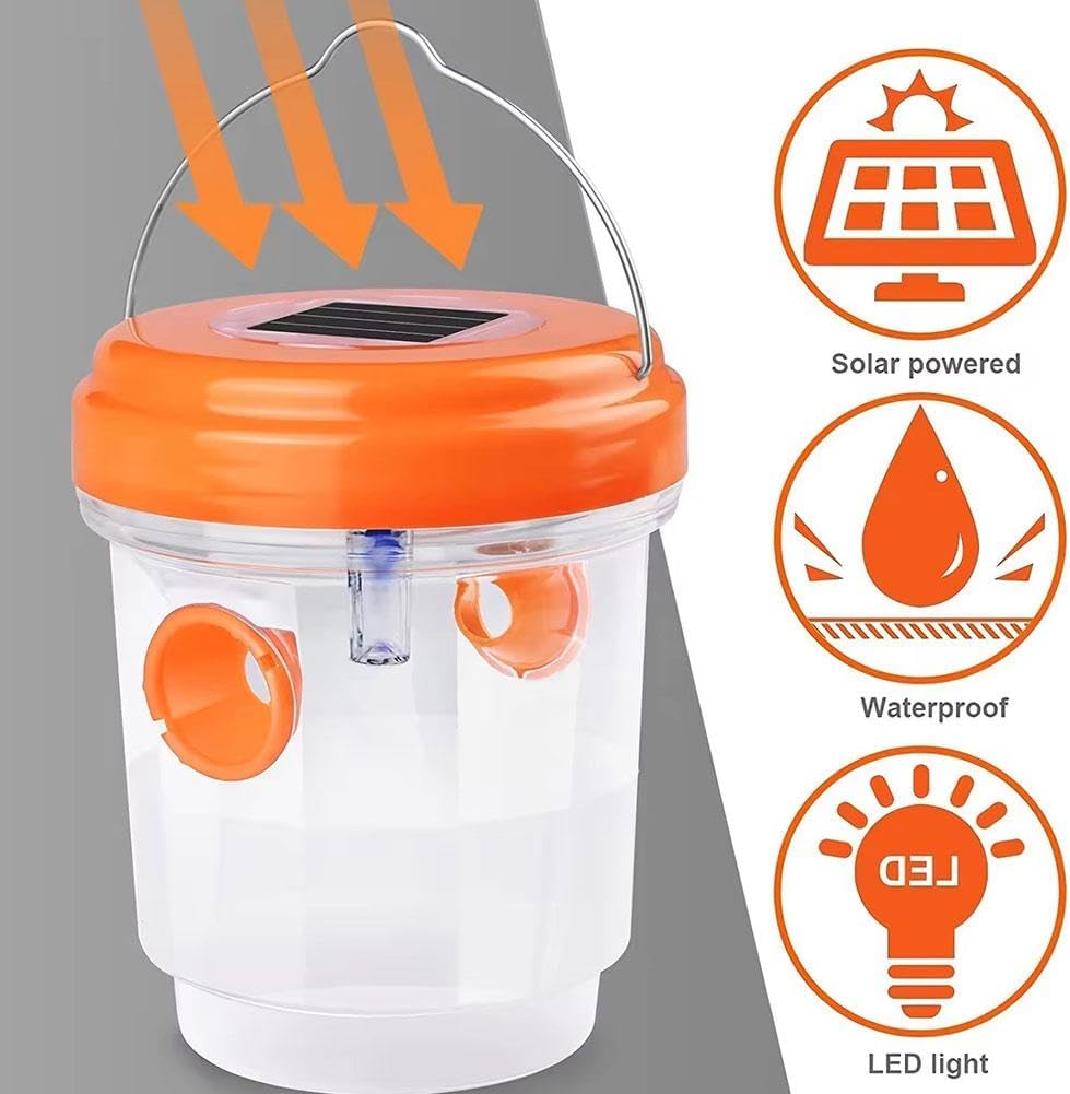Solar Wasp Trap Outdoor Hanging,Solar Powered Bee Trap Reusable Fly Traps Outdoor Hanging Wasp Killer for Indoor Outdoor Patio Garden Home Orange