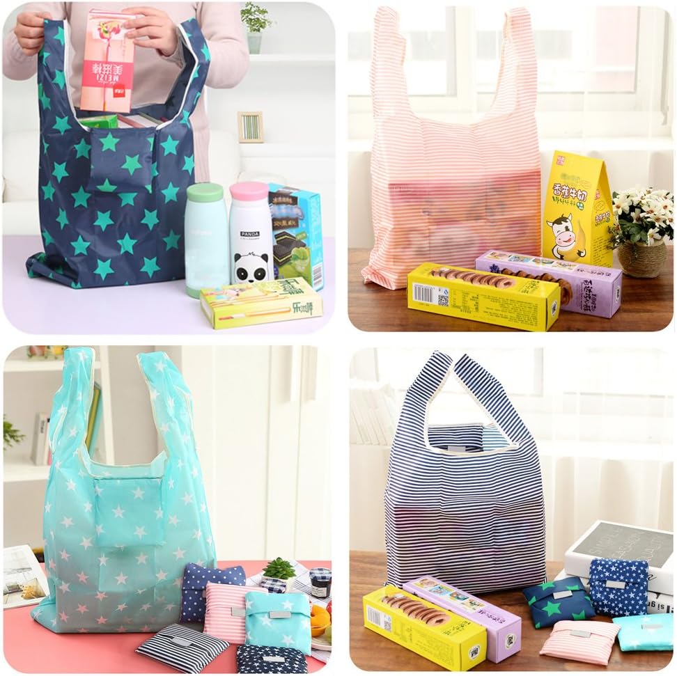 4 Pack Foldable Shopping Bags Reusable Eco-friendly Grocery Tote Bags Shopper Bag Folding into Attached Pouch Random color