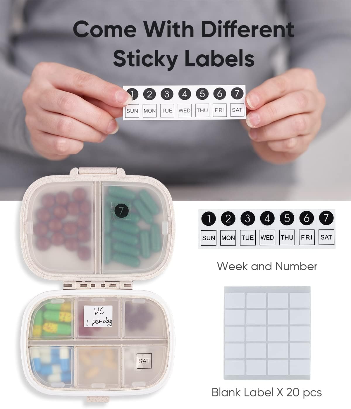 Travel Pill Organizer, 8 Compartments Portable Pill Case, Daily Pill Box to Hold Vitamins, Small Pill Container for Pocket Purse Medicine Organizer Khaki