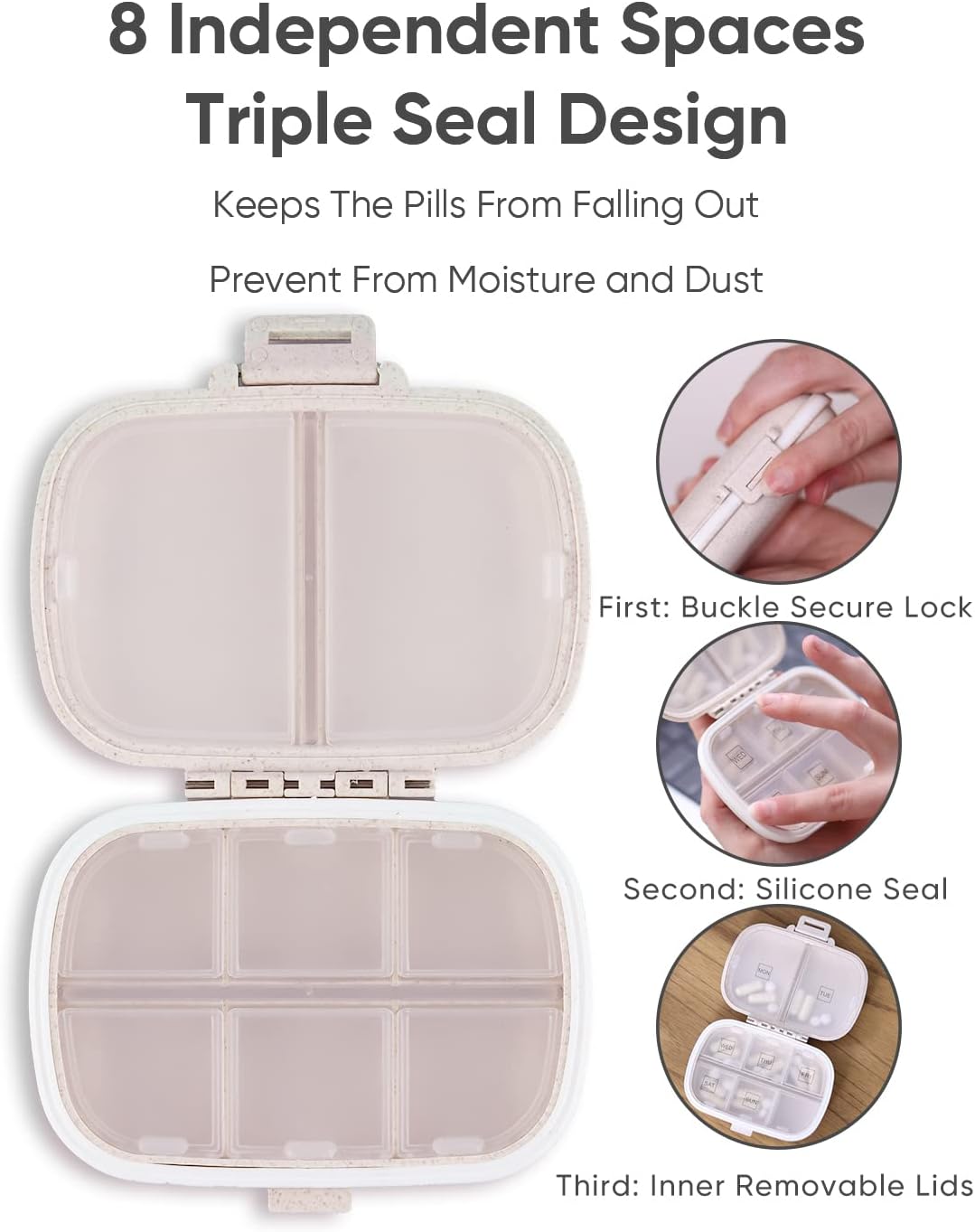 Travel Pill Organizer, 8 Compartments Portable Pill Case, Daily Pill Box to Hold Vitamins, Small Pill Container for Pocket Purse Medicine Organizer Khaki